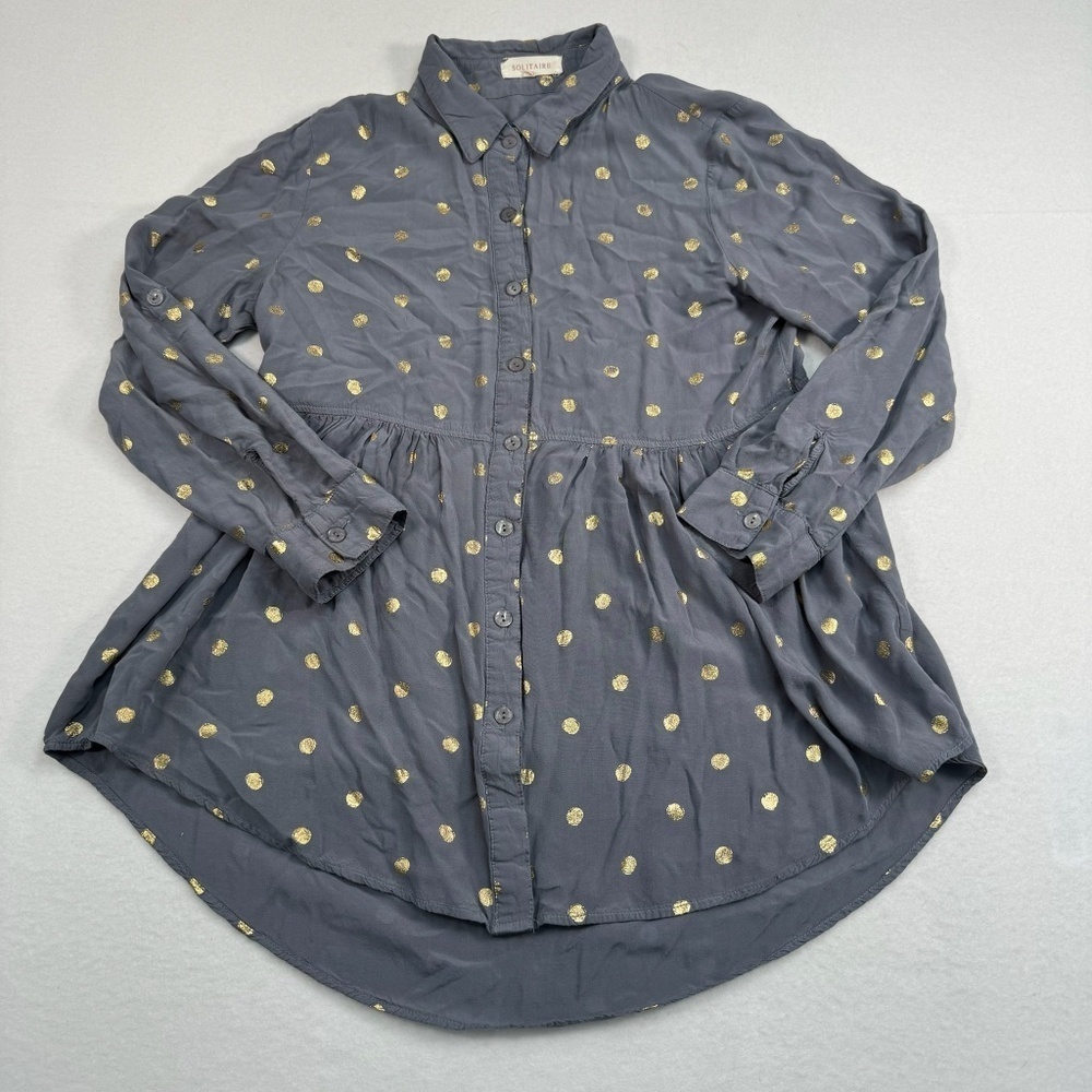 Solitaire Long Sleeve Baby Doll Button Down Top Womens Size M Blue Metallic Gold